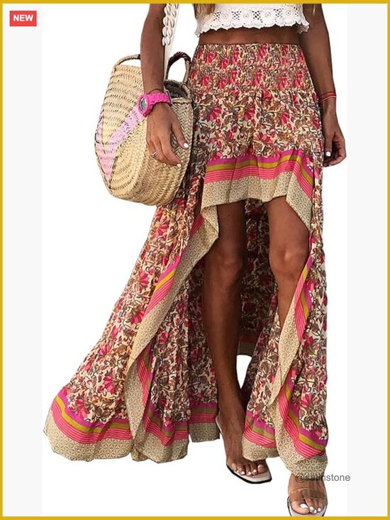 Dresses & Skirts - Women Floral Print Elastic Waist Maxi Skirt with Side Split
